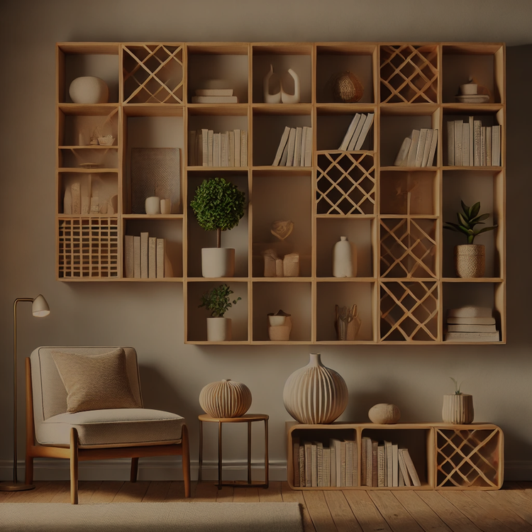 Mid-century modern shelving unit with geometric compartments, styled with books, vases, and plants in a cozy minimalist living room