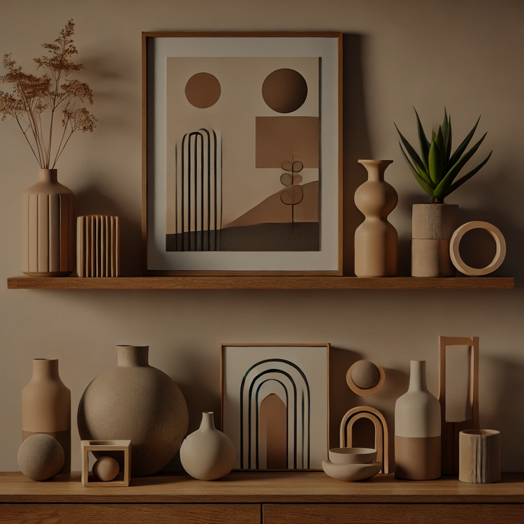 Modern mid-century inspired decor collection on a wooden shelf, featuring neutral-tone vases, abstract art, and sculptural accents