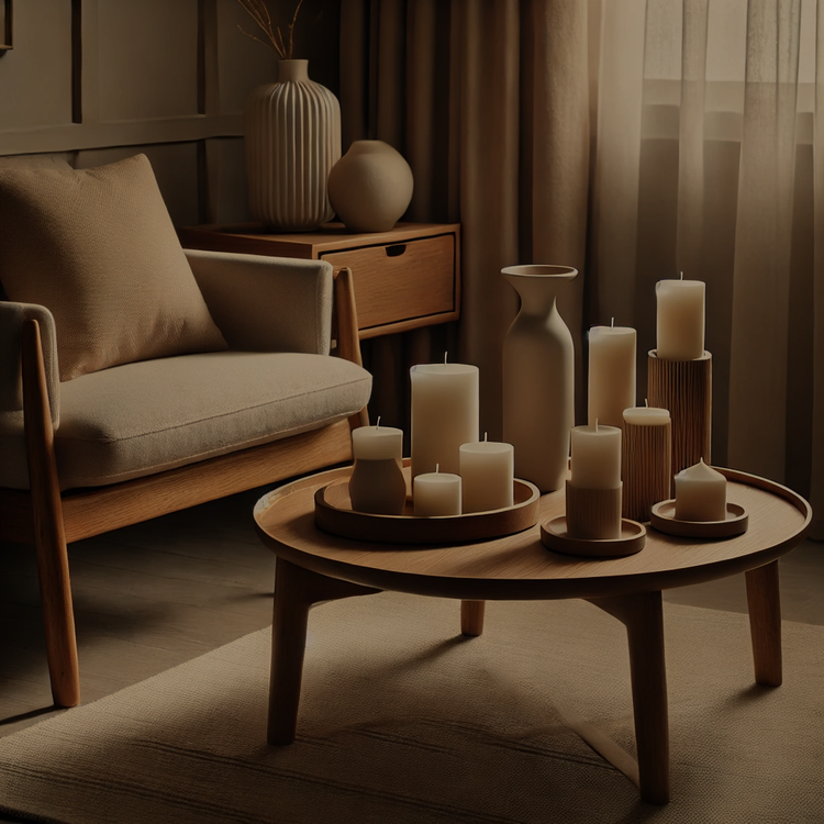 Decorative neutral-tone candles arranged on a wooden coffee table in a cozy mid-century modern living room