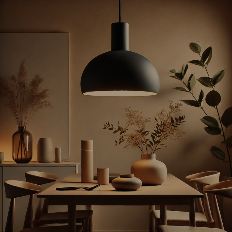 Mid-century modern pendant light in matte black finish with a neutral-tone interior, hanging above a wooden dining table