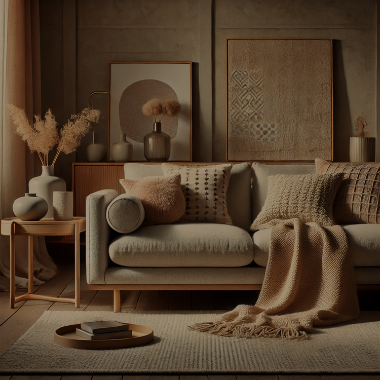 Neutral-tone textiles, including a beige throw and decorative cushions, styled on a boucle sofa in a modern living room