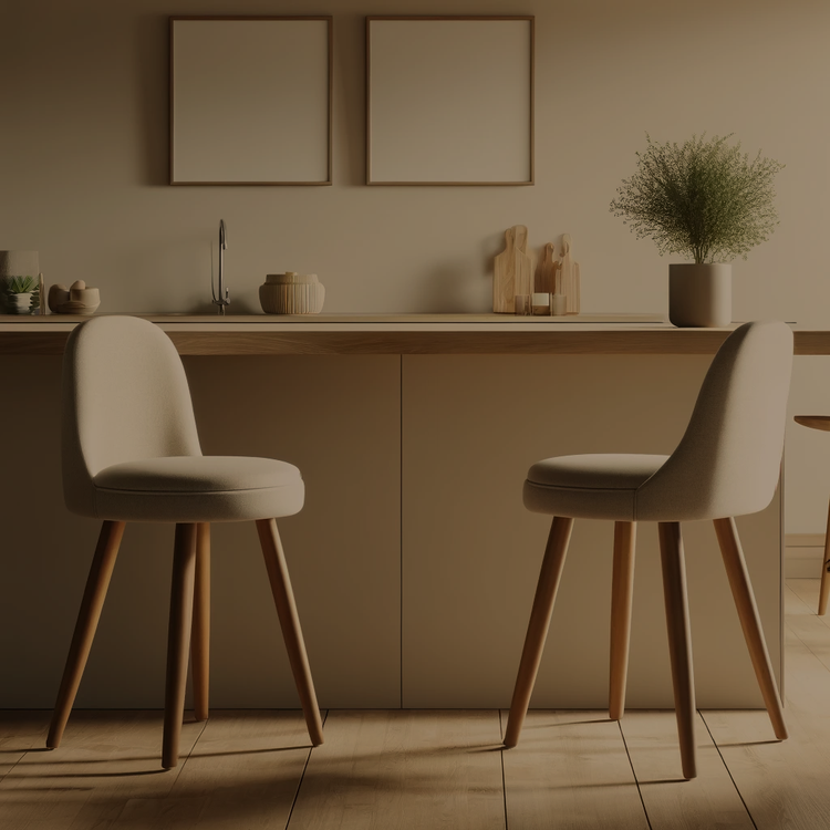 Mid-century modern stools with wooden legs and neutral-tone upholstery, styled around a sleek kitchen island in a bright dining area