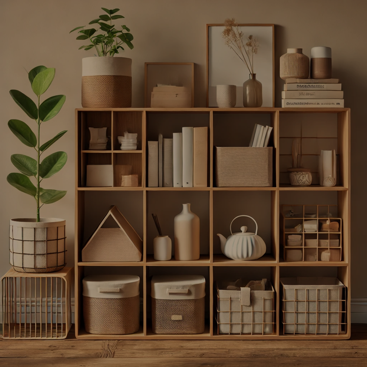 Mid-century modern shelving unit with geometric compartments, neutral-toned baskets, and decor items, styled in a cozy home office