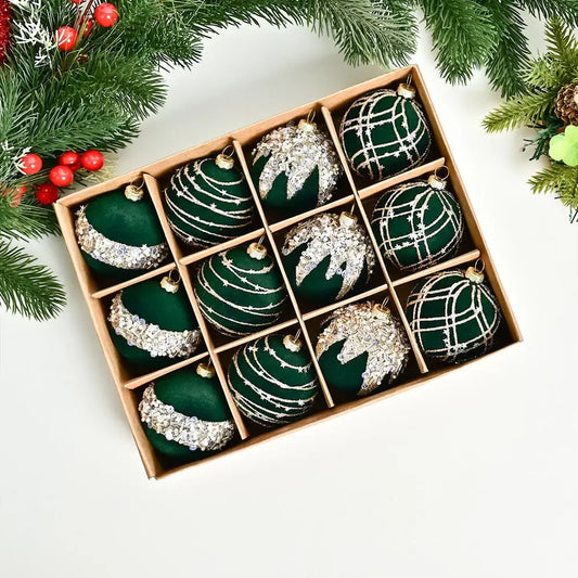 Elegant Velvet Christmas Tree Ornament Set – 12-Piece Hanging Decorations