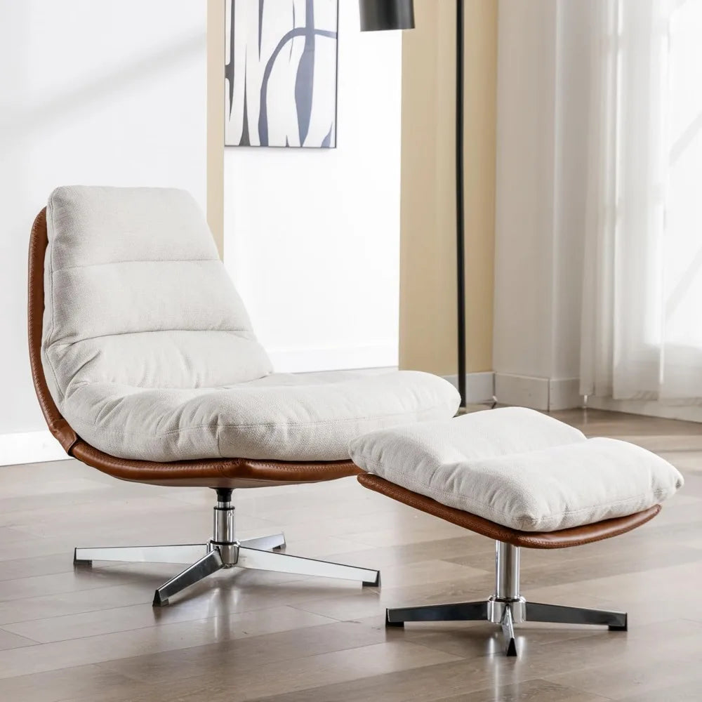 Mid-Century Modern Vegan Leather Lounge Chair with Ottoman - Cream