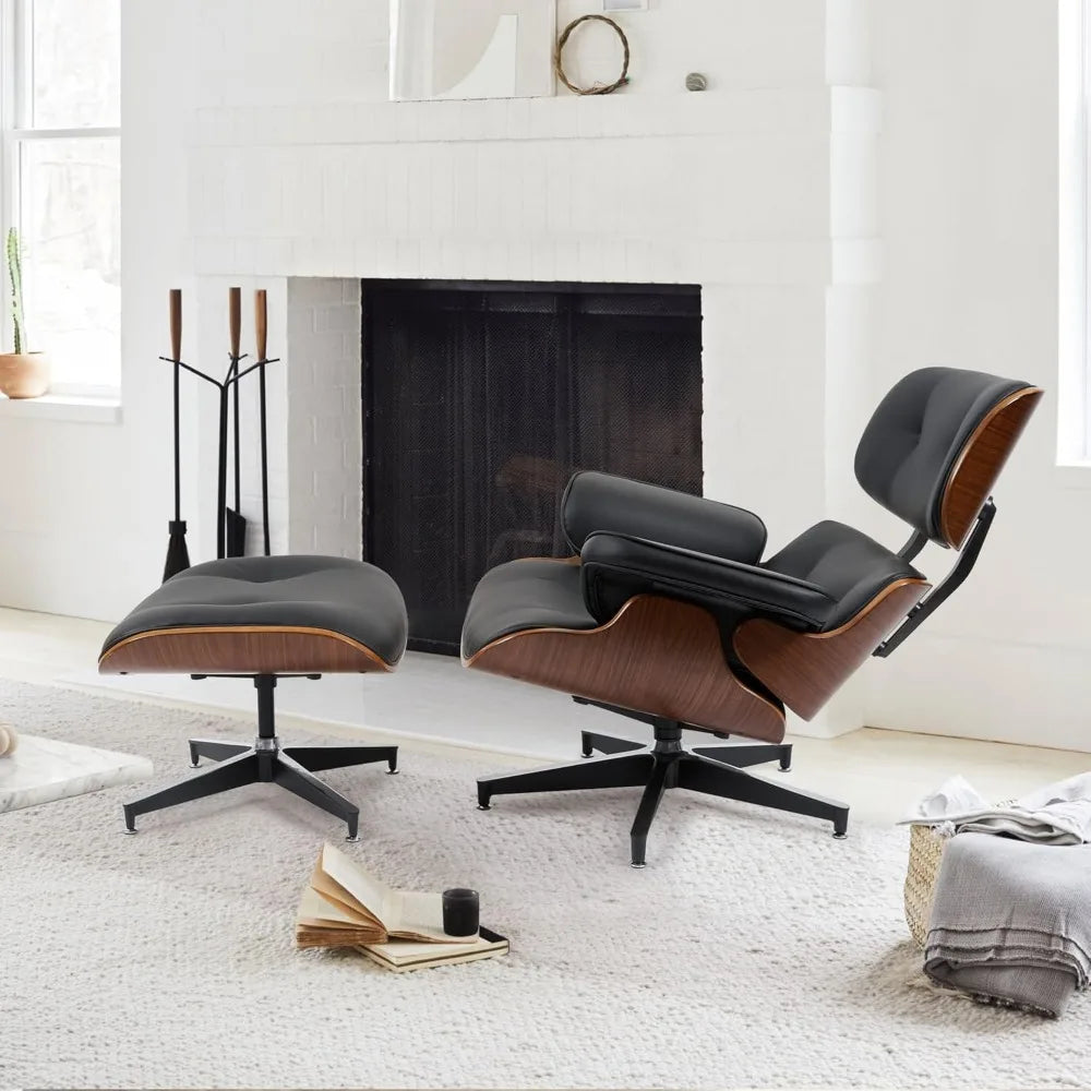 Modern Leather Swivel Lounge Chair with Footstool