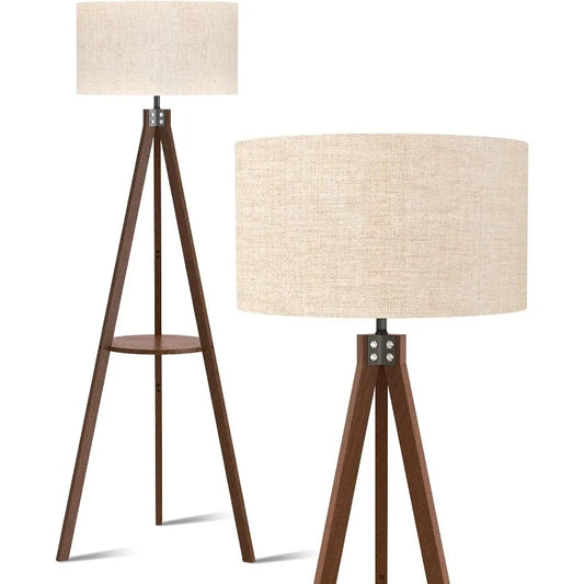 Modern Wooden Tripod Floor Lamp with Shelf – Stylish and Functional Design