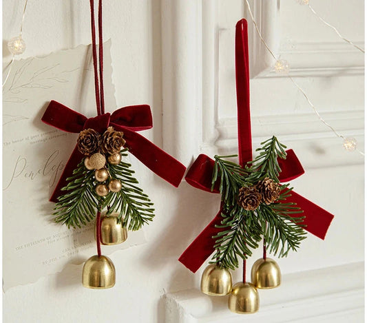 Christmas Bell Ornament with Velvet Bow and Pinecone Decoration