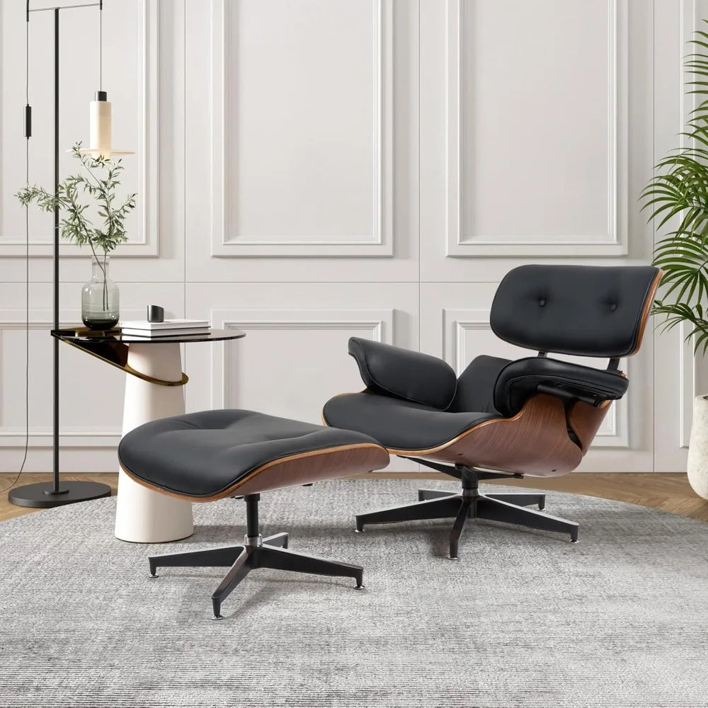 Modern Leather Swivel Lounge Chair with Footstool