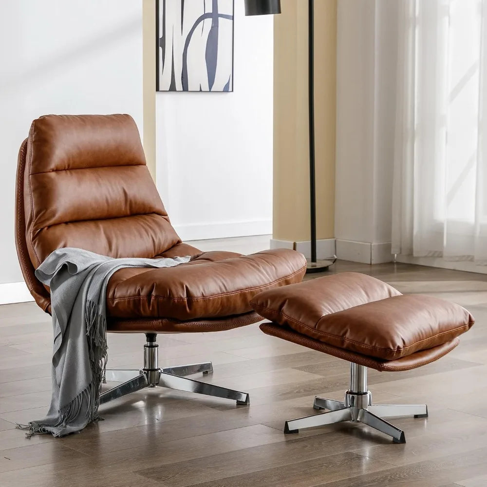 Mid-Century Modern Vegan Leather Lounge Chair with Ottoman - Chocolate Brown