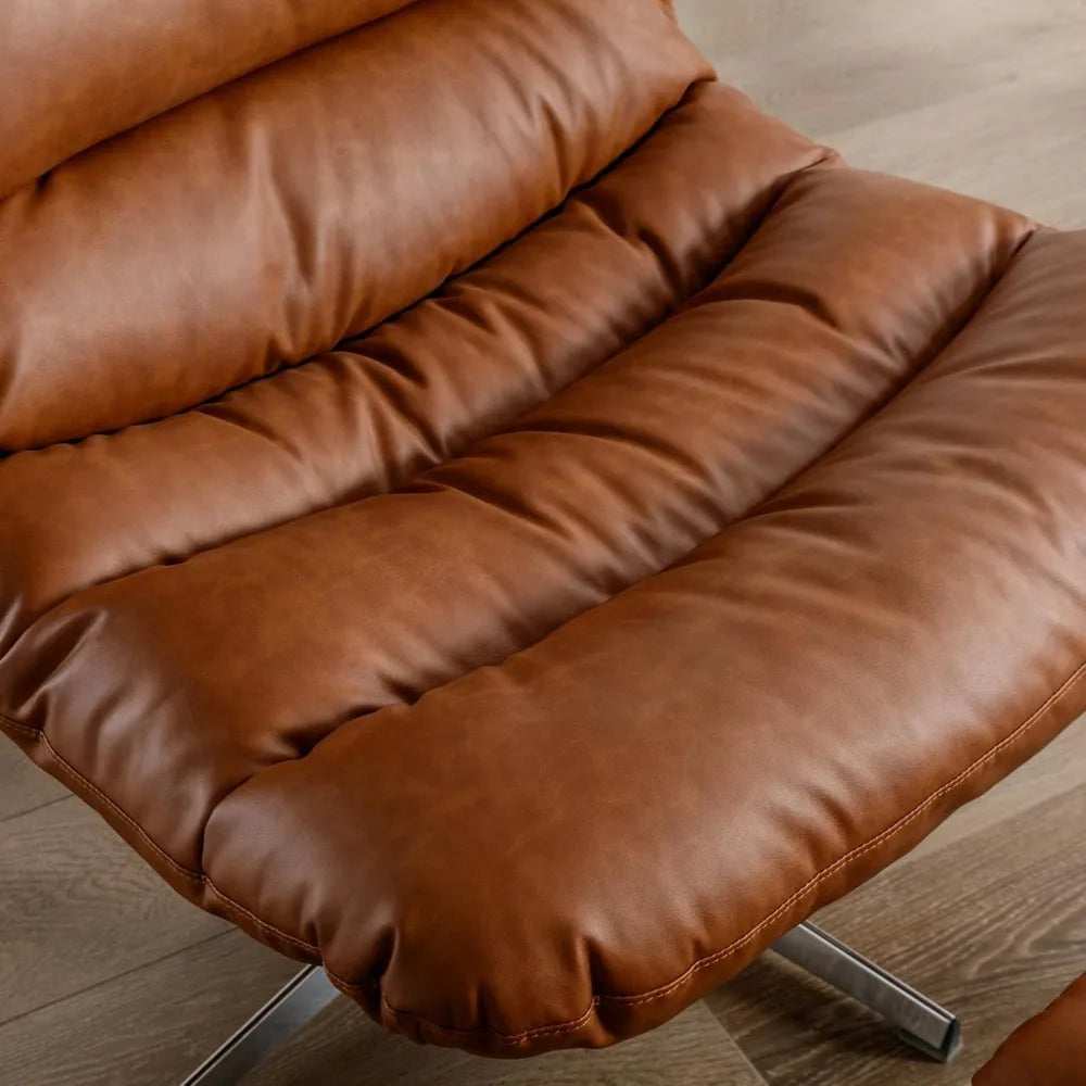 Mid-Century Modern Vegan Leather Lounge Chair with Ottoman - Chocolate Brown