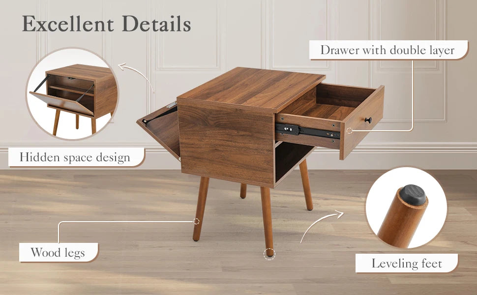 Mid-Century Modern Nightstand – Hidden Compartment & Quiet Drawer