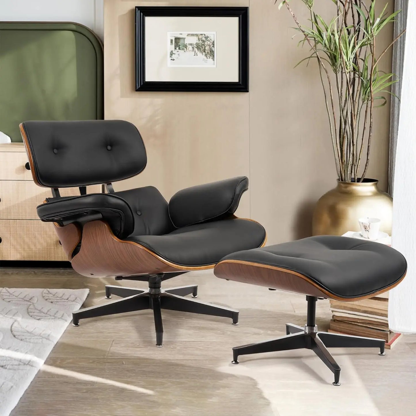 Modern Leather Swivel Lounge Chair with Footstool