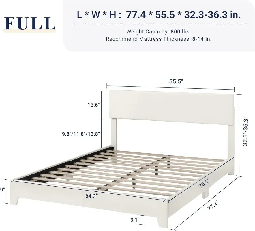 Full Size Bed Frame with Adjustable Headboard