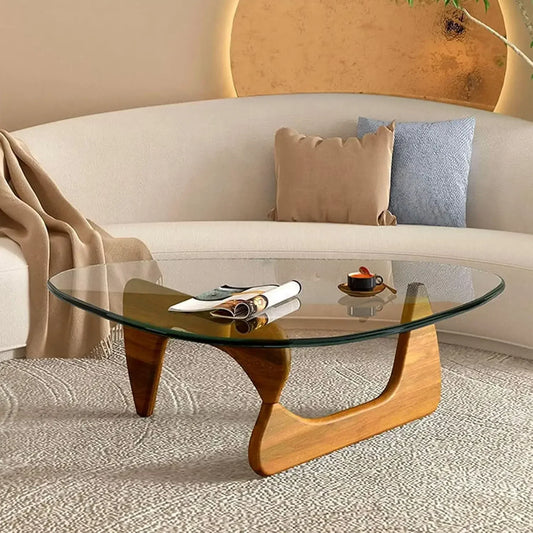 Mid-Century Modern Triangle Glass Coffee Table with Wooden Base