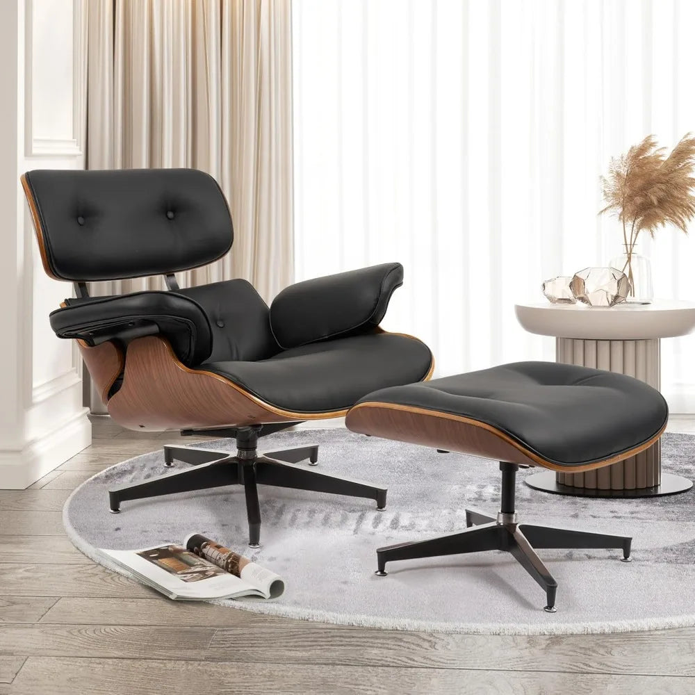 Modern Leather Swivel Lounge Chair with Footstool