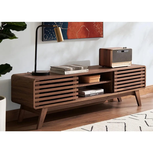 Mid-Century Modern TV Stand – Slatted Door Design & Adjustable Shelves